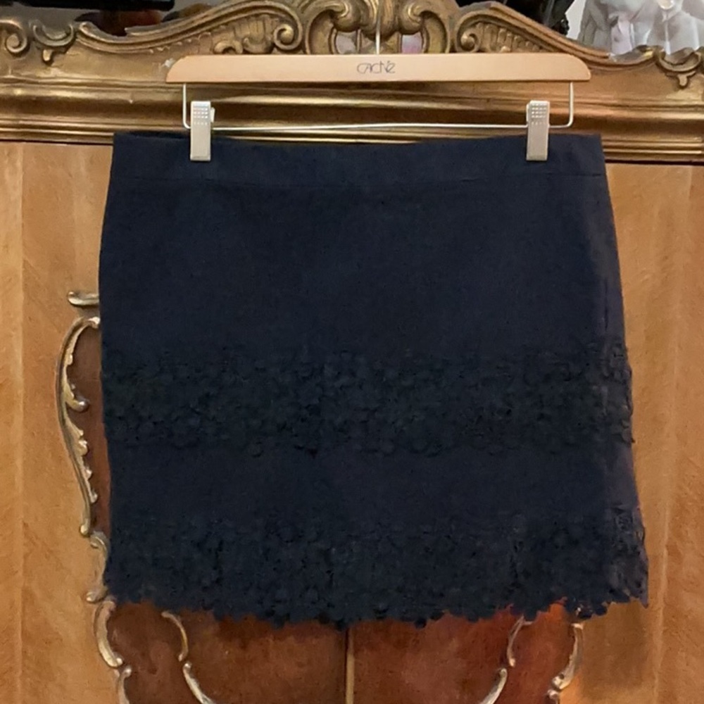 J. Crew Navy Linen Look Mini Skirt with Navy Floral Lace Bands